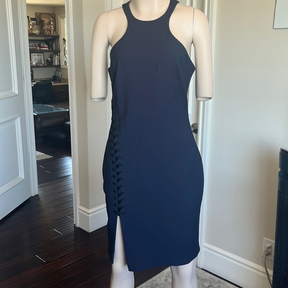 Elizabeth and James Navy Midi Dress with Lace Up details